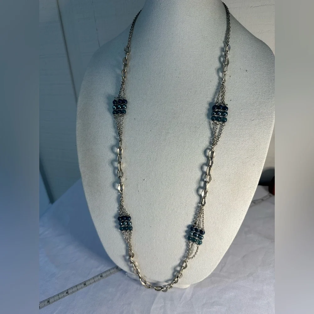 Long industrial chic chain and blue bead station necklace